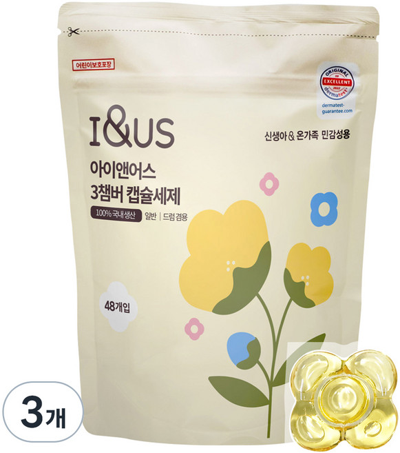 아이앤어스 신생아 앤 온가족 민감성용 3챔버 캡슐세제, 48개입, 3개