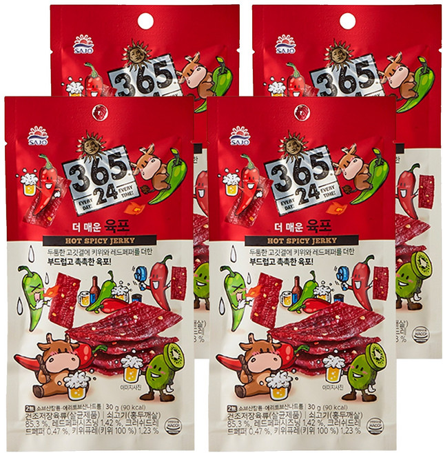 삼육오점이사 해표 365 24 더 매운 육포, 30g, 4개