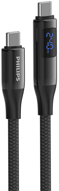 PHILIPS 飛利浦 C-C 240W PD 數位顯示編織快充線, 200cm, 黑色, 1條