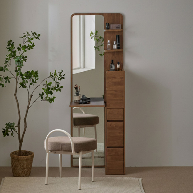 파로마 리오 전신거울 폴딩선반 수납 스탠딩 화장대 + 랭거스툴 세트 방문설치, 헤이즐넛(화장대), 화이트베이지(스툴)