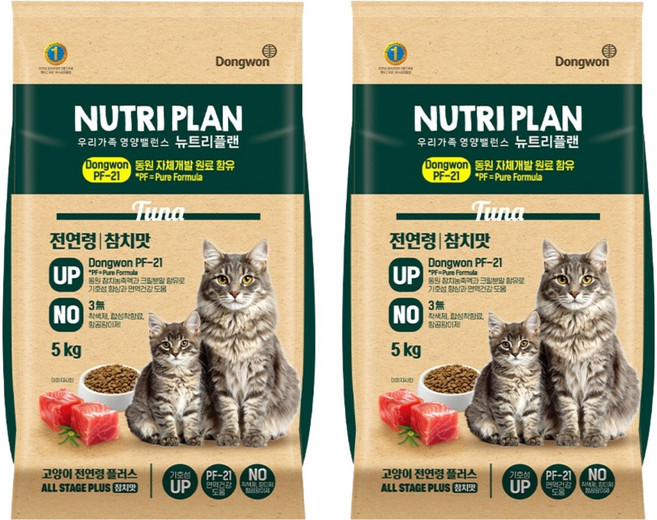 동원뉴트리플랜 전연령 고양이 플러스 사료, 참치, 5kg, 2개