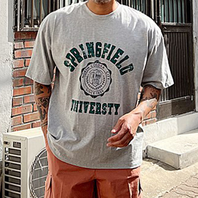 파이브라지 남성용 빅사이즈 스프링필드 오버핏 여름 레터링 워싱 나염 반팔 티셔츠