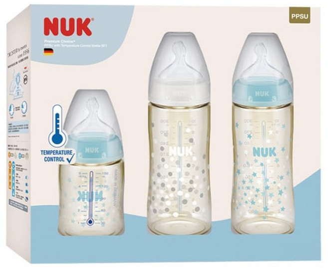 NUK 新生兒PPSU感溫奶瓶禮盒 1號 0-6個月, 淺藍色 白色, 1組