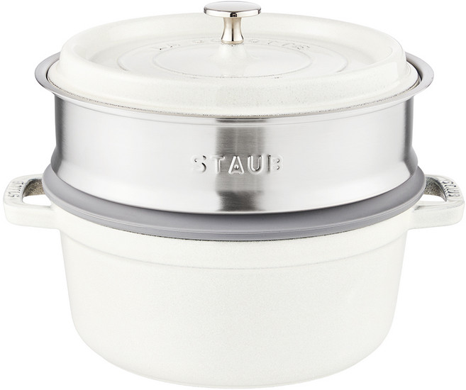 staub Cocotte 圓形鑄鐵鍋 含蒸籠 白松露色, 1個, 24厘米