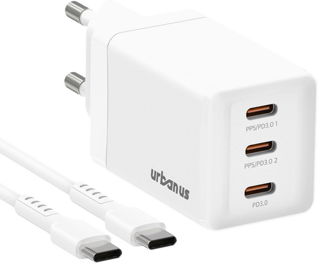 어반어스 GaN 67W 미니 C타입 3포트 PD PPS 초고속 충전기 65W C TO C 케이블 1.5m, 화이트, 1개