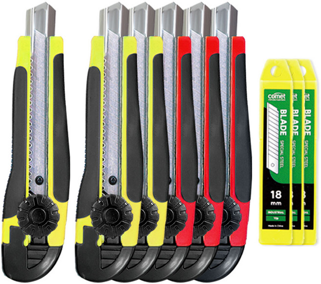 코멧 전문가용 잠금식 대형 스크류 러버 커터칼 6개 + 칼날 30개 세트, 혼합색상, 1세트