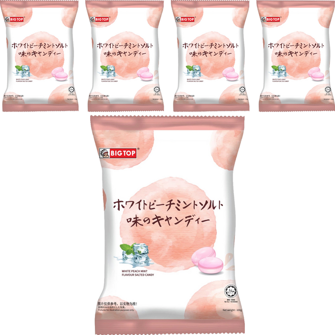BIG TOP 水蜜桃薄荷味鹽糖, 100g, 5袋