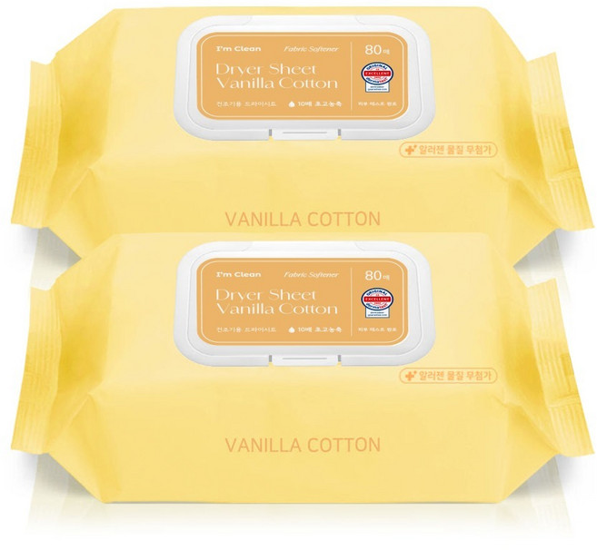 아임클린 건조기 시트 섬유유연제 바닐라코튼향, 80매, 2개