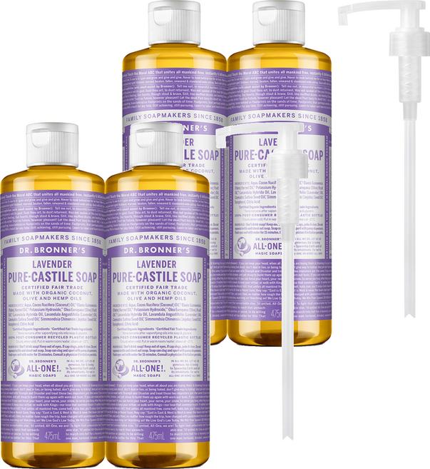 닥터브로너스 퓨어 캐스틸 솝 페이스 앤 바디워시 라벤더 2p + 펌프 1p, 475ml, 4개