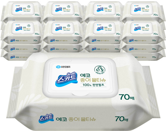 스카트 에코 종이 물티슈 캡형, 70매, 24개