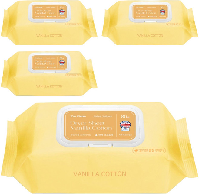아임클린 건조기 시트 섬유유연제 바닐라코튼향, 80매, 4개