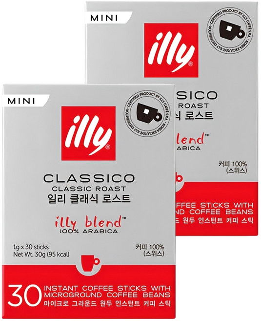 일리 클라시코 클래식 로스트 미니 원두 인스턴트 커피 스틱, 30개입, 2개, 1g