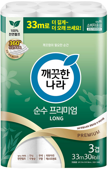깨끗한나라 3겹 천연펄프 순수 프리미엄 화장지, 33m, 30개입, 1개