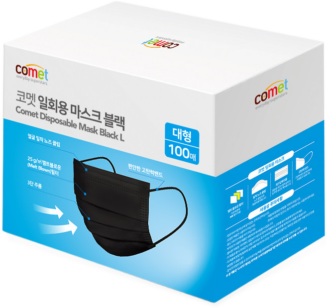 코멧 쉽게 뽑아쓰는 일회용 마스크 대형, 100개입, 1개, 블랙