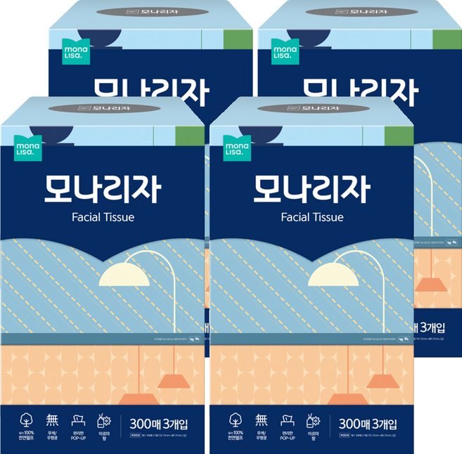 모나리자 천연펄프 미용티슈 2겹, 300매, 12개