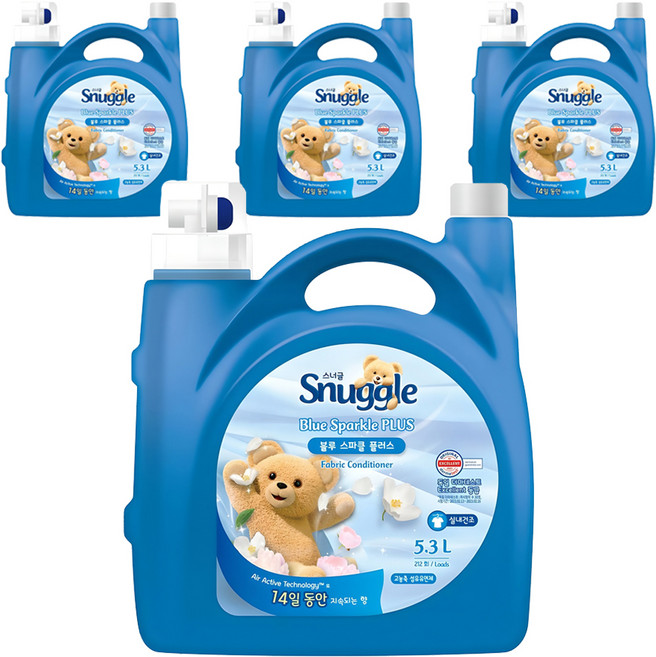 스너글 섬유유연제 블루스파클 플러스 본품, 5.3L, 4개
