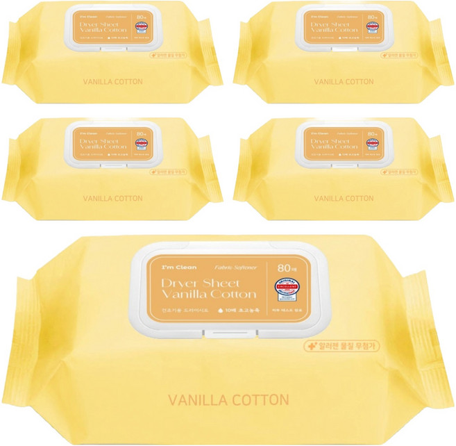 아임클린 건조기 시트 섬유유연제 바닐라코튼향, 80매, 5개