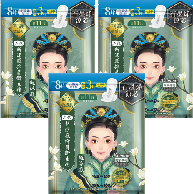 Mdmmd. 明洞國際 後宮二代系列 石墨烯超涼感抑菌衛生棉, 一般型(24.5cm), 11片, 3包