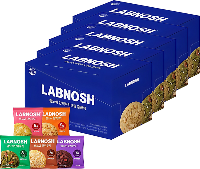 Labnosh 綜合蛋白質餅乾組 雙重巧克力口味 40g 2包+白巧克力橘子口味 40g 2包+杏仁果綠茶口味 40g 2包+花生奶油口味 40g 2包, 5盒, 400g