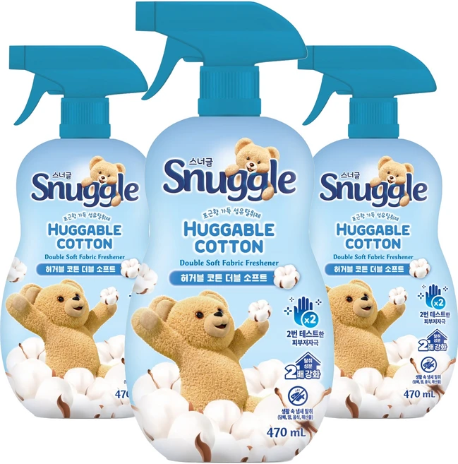 스너글 허거블 코튼 더블 소프트 섬유탈취제 본품, 470ml, 3개 - 쿠팡