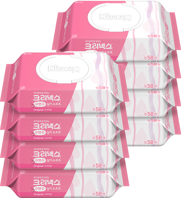 크리넥스 수앤수 실키 소프트 오리지널 물티슈 캡형, 43g, 58개입, 8개