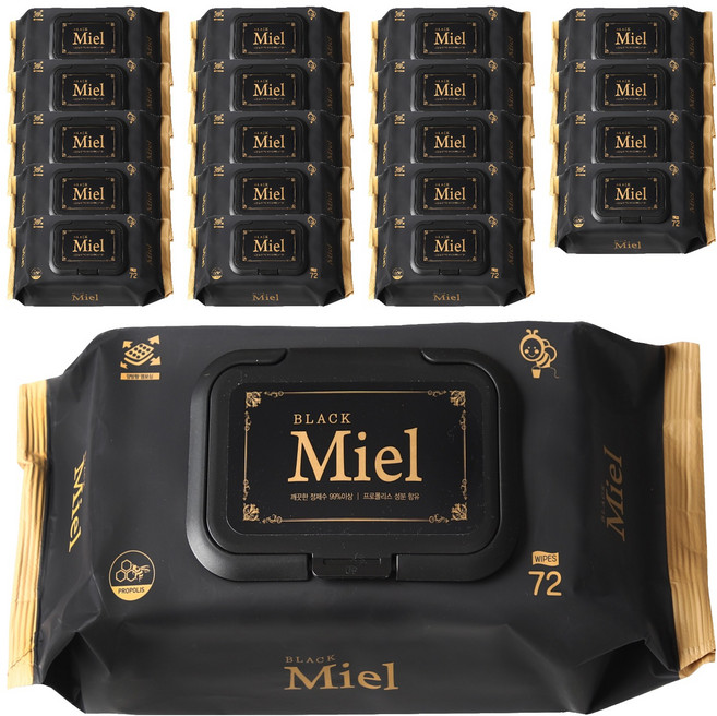 미엘 블랙 캡형 물티슈, 65g, 72매, 20개