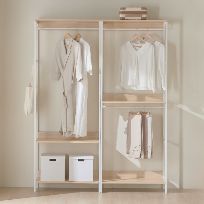 웰퍼니쳐 루미 시스템행거 드레스룸 1단 + 2단 행거형 세트 방문설치, 화이트 + 오크
