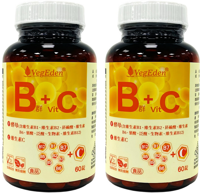 VegEden 蔬食伊甸園 酵母B群 + 維生素C錠 補充每日營養所需, 490mg, 60顆, 2罐