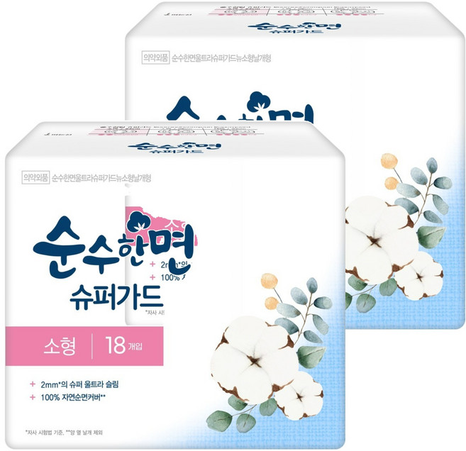 순순한면 울트라 슈퍼가드 뉴 생리대 날개형, 소형, 18매, 2개