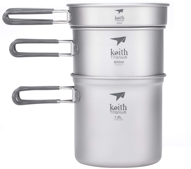 Keith Titanium 鎧斯 純鈦折疊鍋組 Ti6014 直徑120x133mm 容量400ml+800ml+1200ml, 鈦灰色, 1組