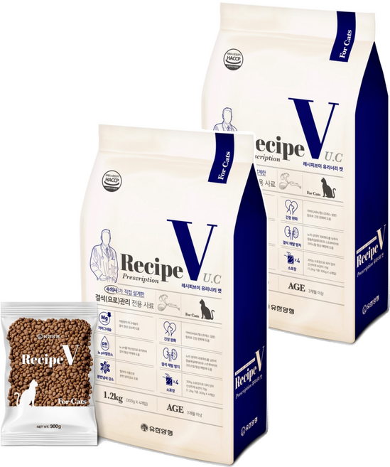 유한양행레시피브이 고양이 처방식 사료, 유리너리+결석, 1.2kg, 2개