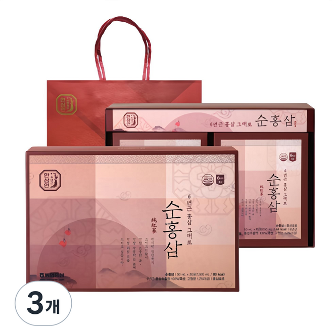 한삼인 순홍삼 50ml 30포 + 쇼핑백, 1.5L, 3개