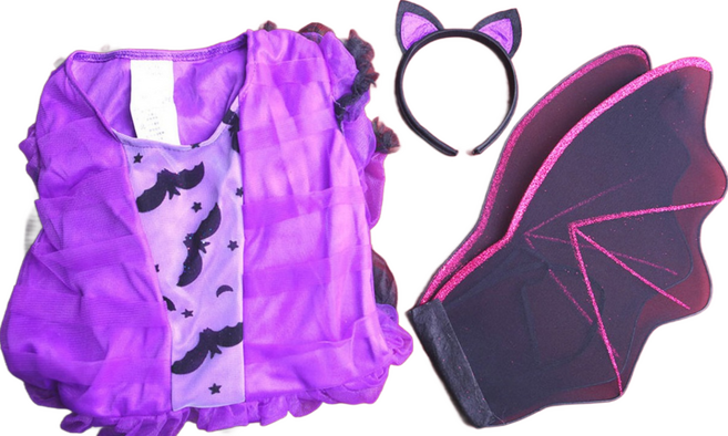 스투피드 여아용 할로윈 퍼플뱃 드레스 + 머리띠 + 날개 세트, 블랙 + 퍼플, 1세트