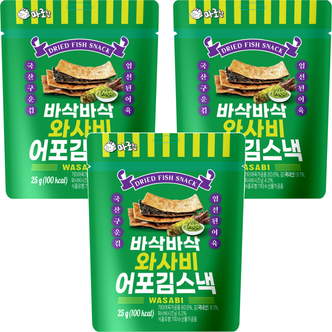 韓味不二 烤魚餅海苔脆片 山葵口味, 25g, 3個