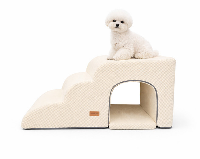 Allmio Pet 狗狗雲朵布料洞穴樓梯3層+坐墊套組, 奶油象牙白, 1個
