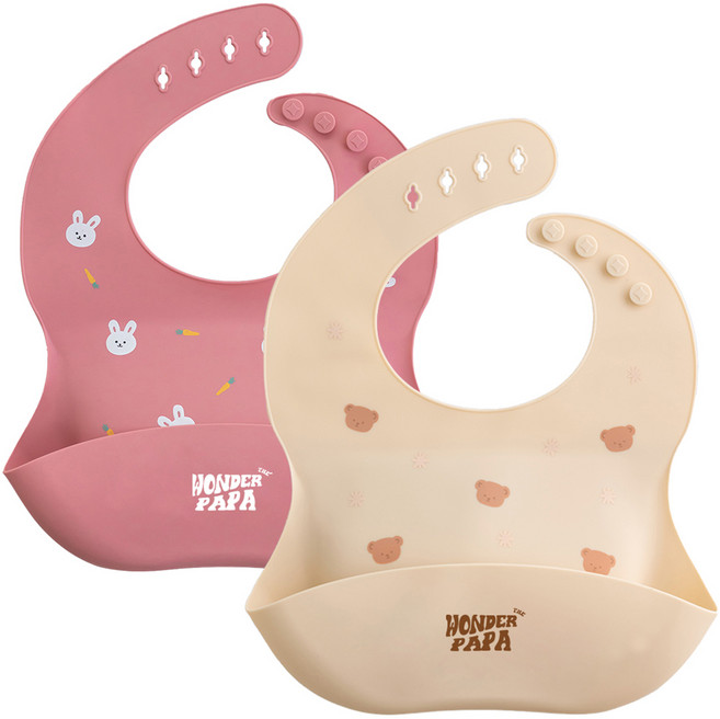원더파파 아기 실리콘 방수 이유식 턱받이 2종 세트, 베이지 곰돌이 + 핑크 레빗, 1개입, 1세트