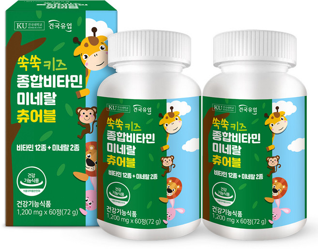 건국유업 쑥쑥 키즈 종합 비타민 미네랄 츄어블 72g, 60정, 2개