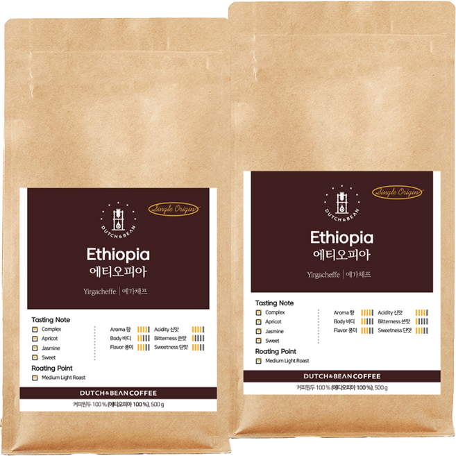 더치앤빈 에티오피아 예가체프 로스팅 원두커피, 500g, 홀빈(분쇄안함), 2개