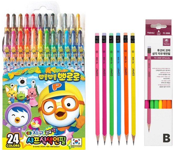 지구화학 뽀로로 샤프식 색연필 24색 + 투코비 코마 삼각지우개연필 TC-208 B 6종 x 2p 세트, 1세트