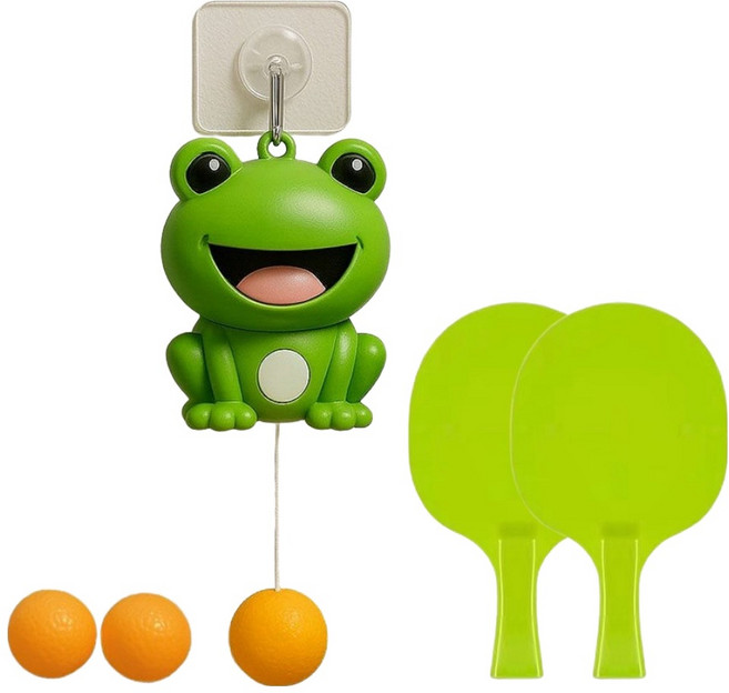 마샤투 혼자 실내 탁구 연습 라켓 2p + 공 3p + 리드줄 세트 개구리, 혼합색상, 1세트