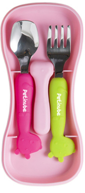 쁘띠누베 실리콘 유아 스푼 포크 세트 1단계, PINK, 스푼 + 포크 + 케이스, 1세트