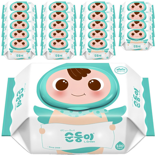 순둥이 오리지널 엘그린 아기물티슈 캡형, 50g, 100매, 20개