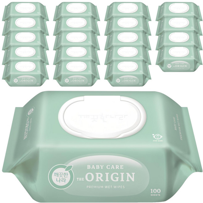 깨끗한나라 베이비 케어 디 오리진 물티슈 캡형, 50g, 100매, 20개