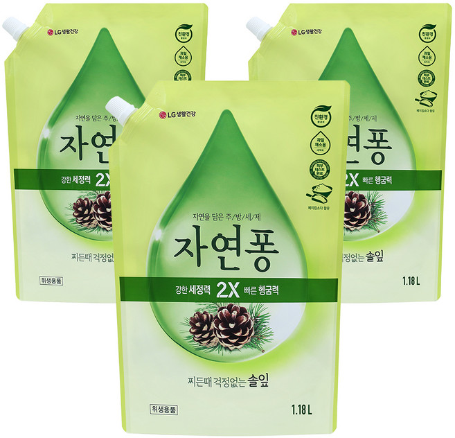 [비건라이프] 자연퐁 찌든때 걱정없는 솔잎 주방세제 파우치형, 1.18L, 3개