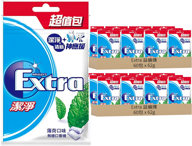 Extra 益齒達 潔淨無糖口香糖 薄荷口味, 62g, 120包