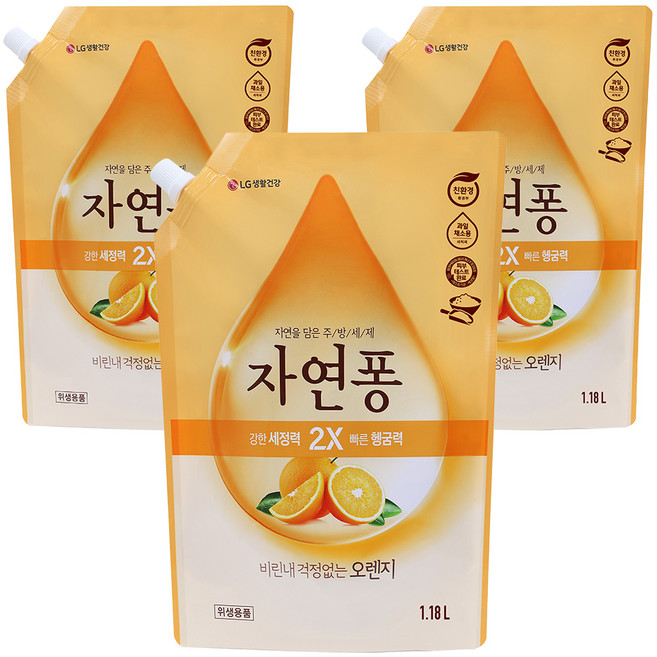 [비건라이프] 자연퐁 비린내 걱정없는 오렌지 주방세제 리필, 1.18L, 3개