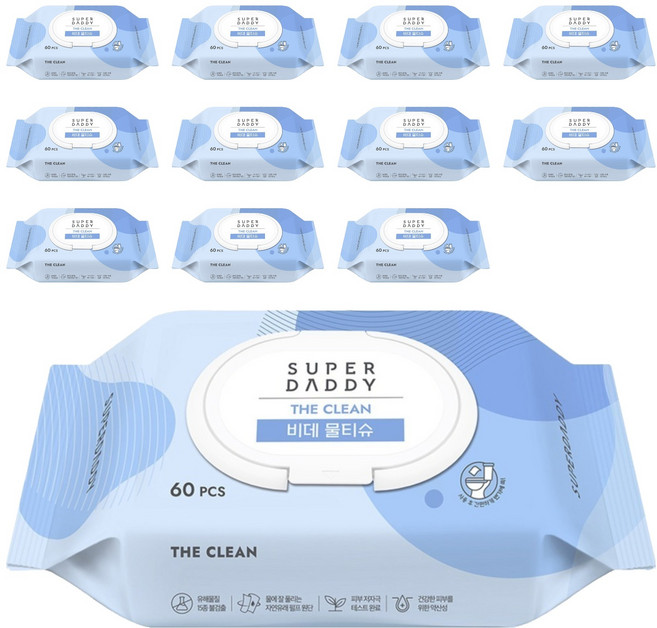 슈퍼대디 더클린 비데 물티슈 캡형, 60g, 60개입, 12개