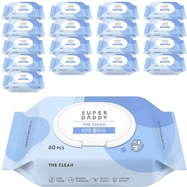 슈퍼대디 더클린 비데 물티슈 캡형, 60g, 60개입, 18개