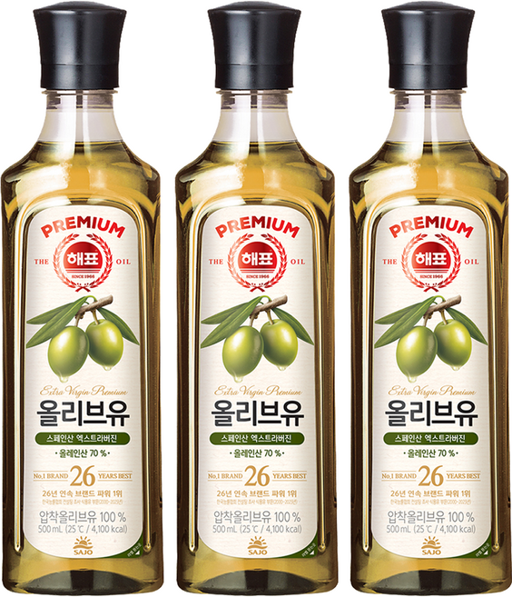 해표 압착 올리브유, 500ml, 3개