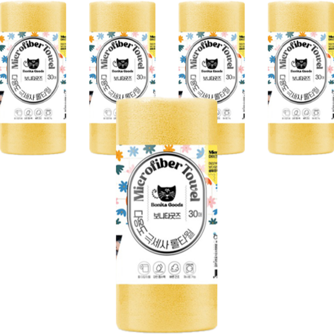 보니타굿즈 다용도 극세사 롤 행주타올 노랑 30 x 30 cm, 30개입, 5개